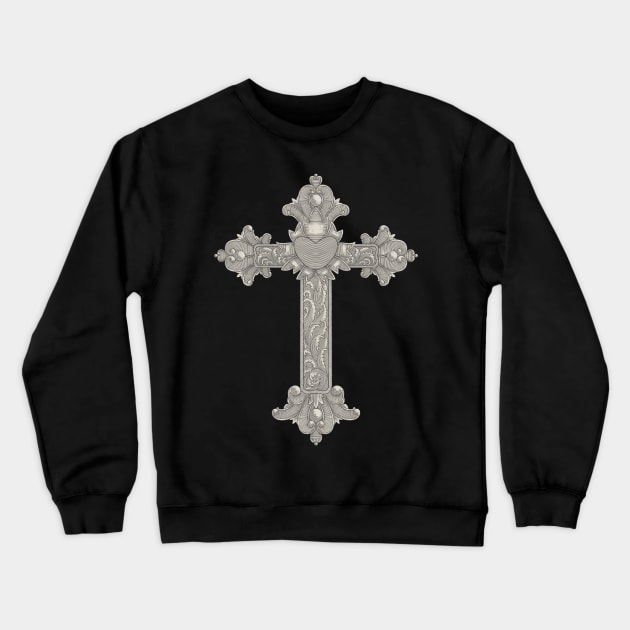 Christian wooden cross with heart and floral ornamental. Easter, symbol of Christianity,. hand drawing vintage engraving style illustration Crewneck Sweatshirt by Ardiyan nugrahanta